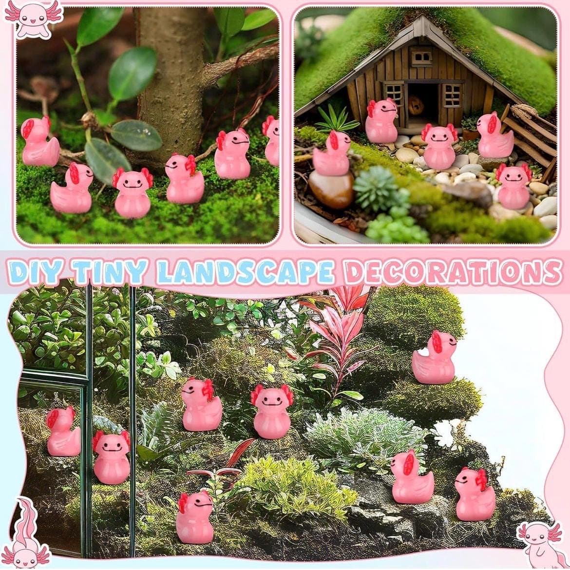 Mini Axolotl Duck Set 5pc Cute Resin Ducks Cake & Garden Decor - Thumbnail 3