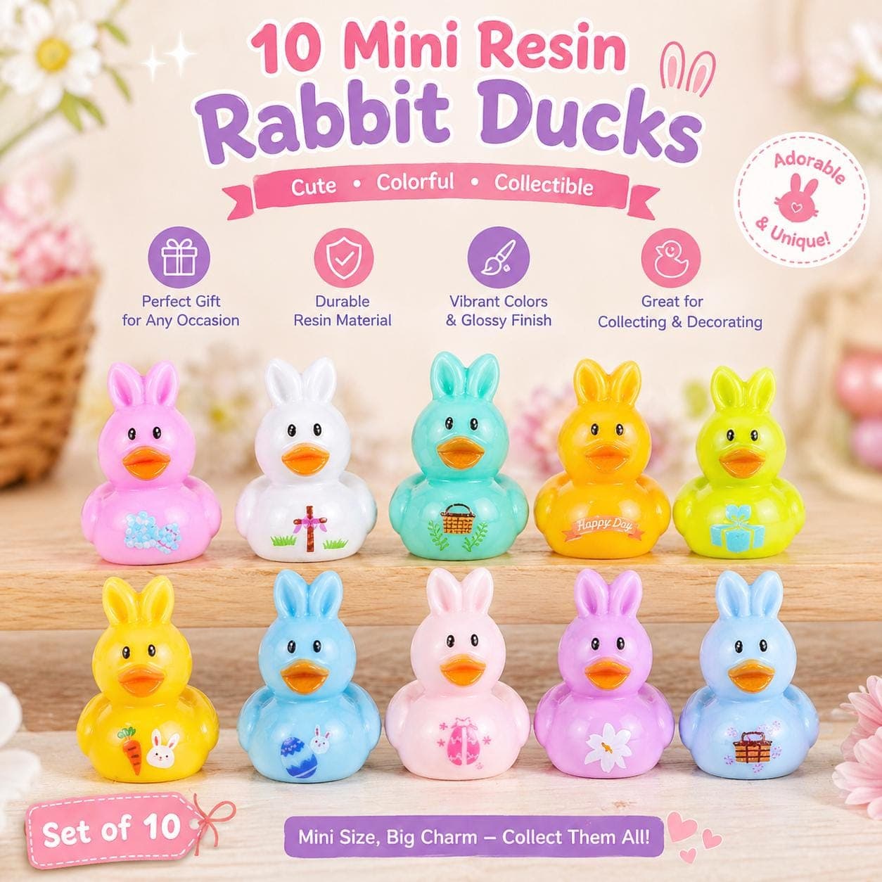 10 Mini Resin Rabbit Ducks, Easter Spring Decor, Cruise Jeep Ducking Set - Image 1