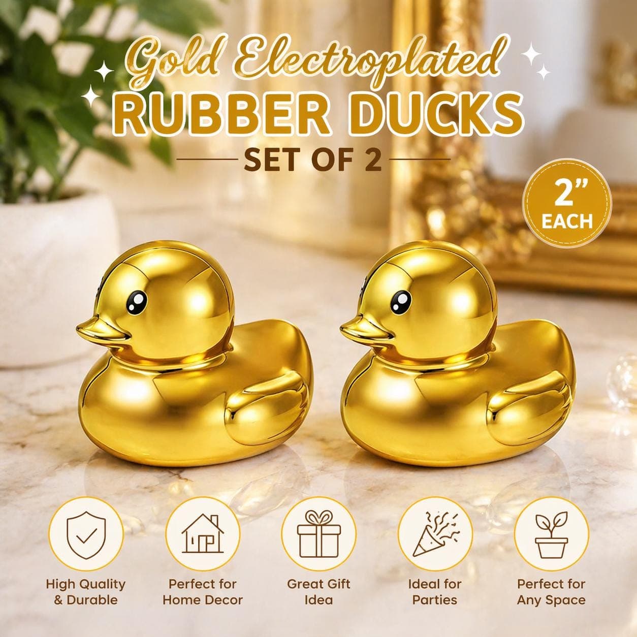 Set of 2 Gold Electroplated Rubber Ducks – 2 Inch Mini Luxury Decor - Image 1