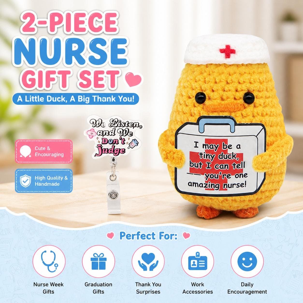 Nurse Gift Set Crochet Duck & Badge Reel, Funny Nurse Week Gift, RN LPN Graduation Gift, Nurse Appreciation Gift, Cute Desk Decor - Image 1
