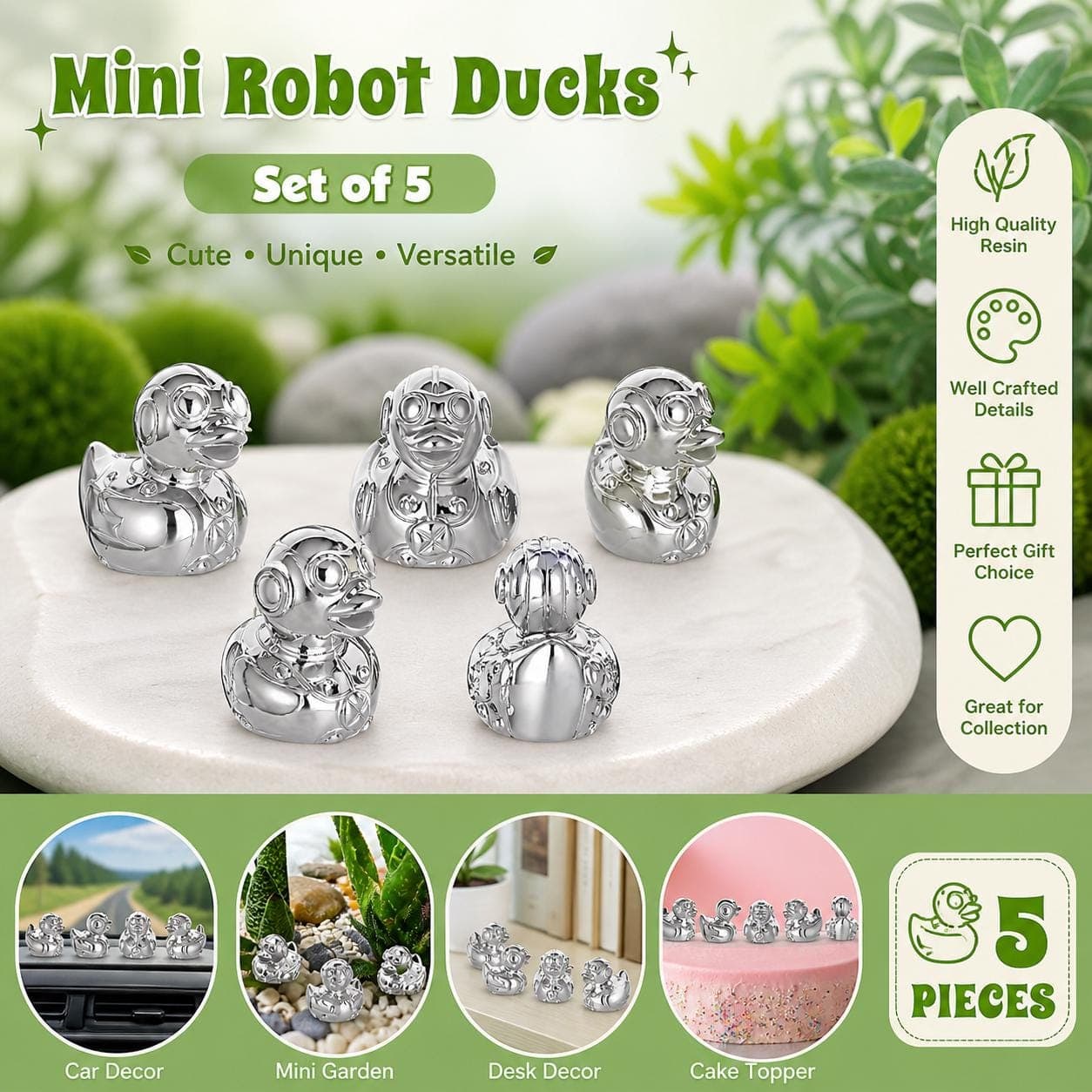 Mini Resin Robot Ducks Set of 5, Silver Tech Duck Figurines, Cruise Ducks Jeep Ducks, Tiny Garden Decor, Cake Topper, Desk Decor - Thumbnail 2