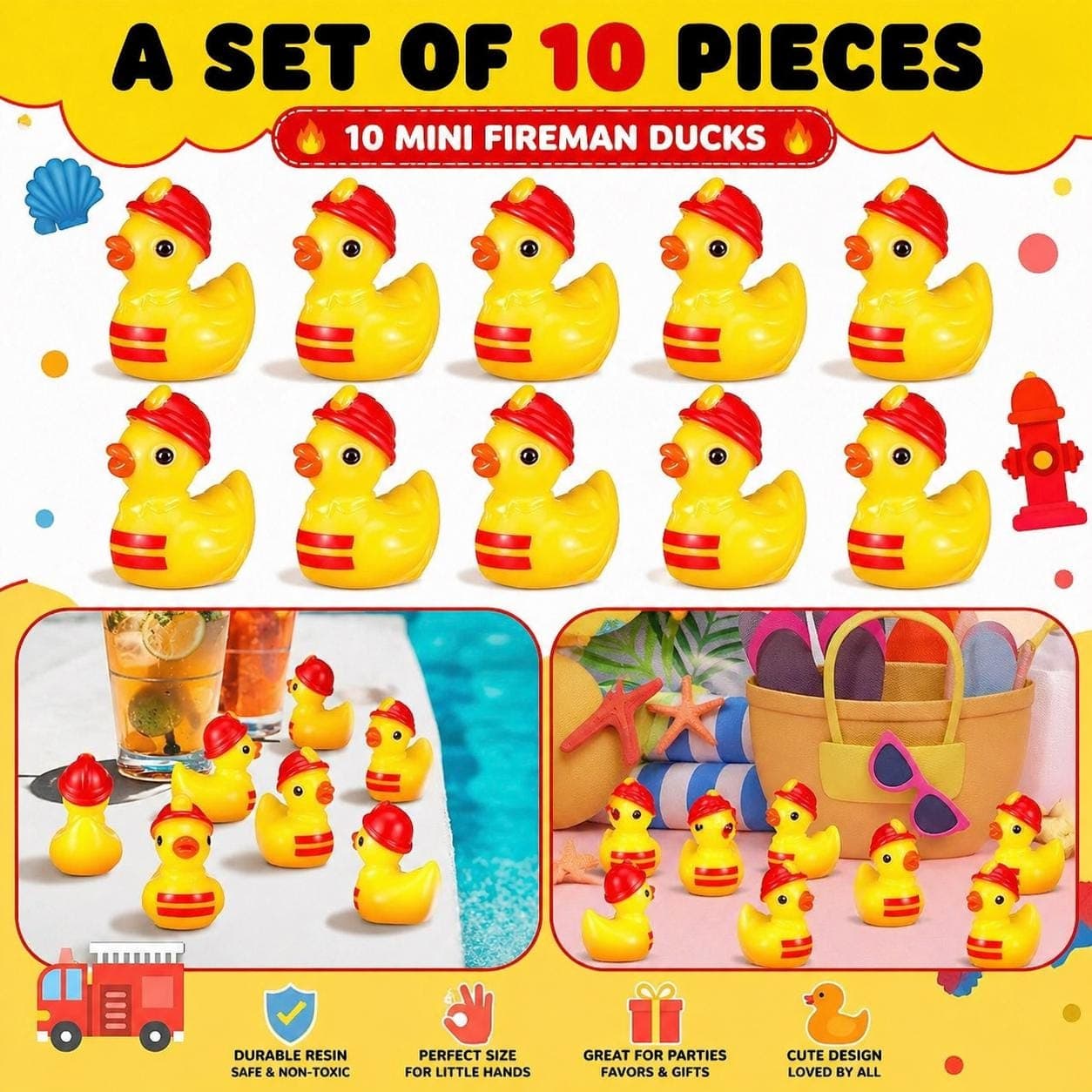 10 Piece Fireman Rubber Duck Set: Mini Resin Ducks for Parties, Jeep, Cruise Favors - Image 1