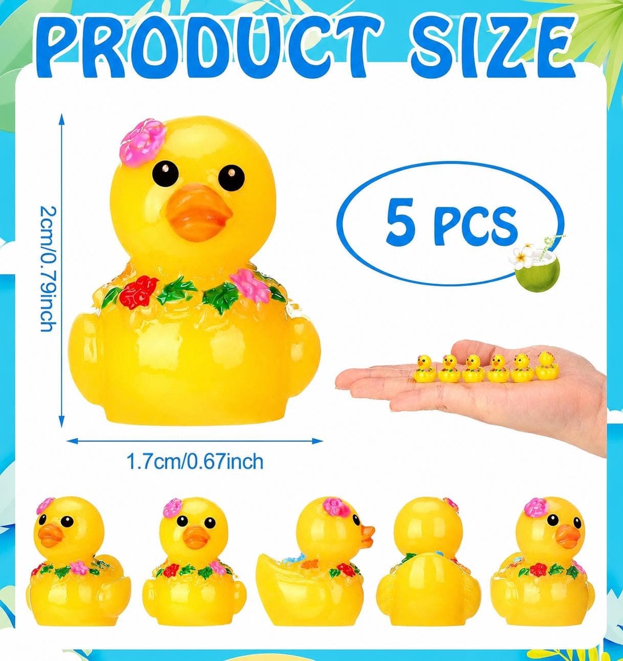 5pc Hawaiian Lei Mini Ducks Set, Tropical Resin Duck Figurines, Cruise Ducks, Jeep Ducks, Luau Party Favors, Tiny Summer Ducks - Thumbnail 2