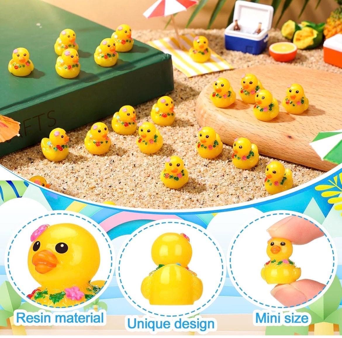 5pc Hawaiian Lei Mini Ducks Set, Tropical Resin Duck Figurines, Cruise Ducks, Jeep Ducks, Luau Party Favors, Tiny Summer Ducks - Thumbnail 3