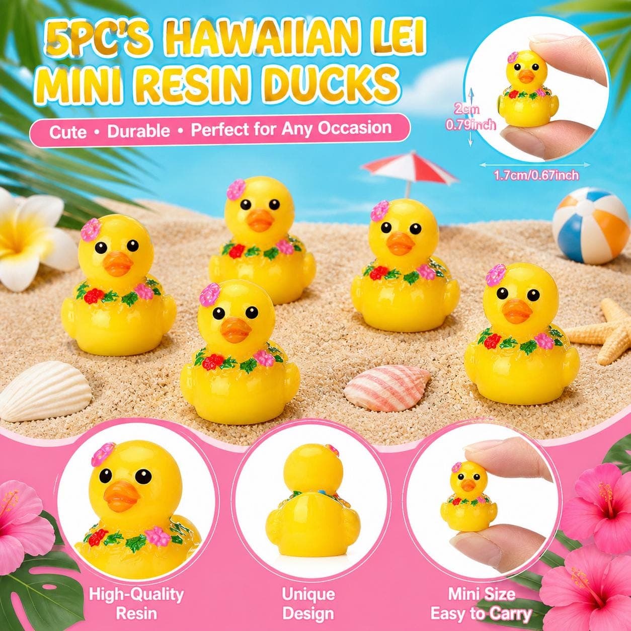5pc Hawaiian Lei Mini Ducks Set, Tropical Resin Duck Figurines, Cruise Ducks, Jeep Ducks, Luau Party Favors, Tiny Summer Ducks - Image 1