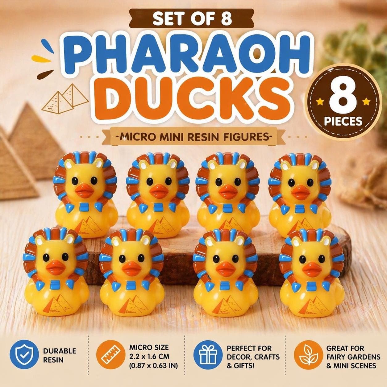 Set of 8 Pharaoh Resin Ducks | Micro Mini Egyptian Figures for Crafts, Fairy Gardens
