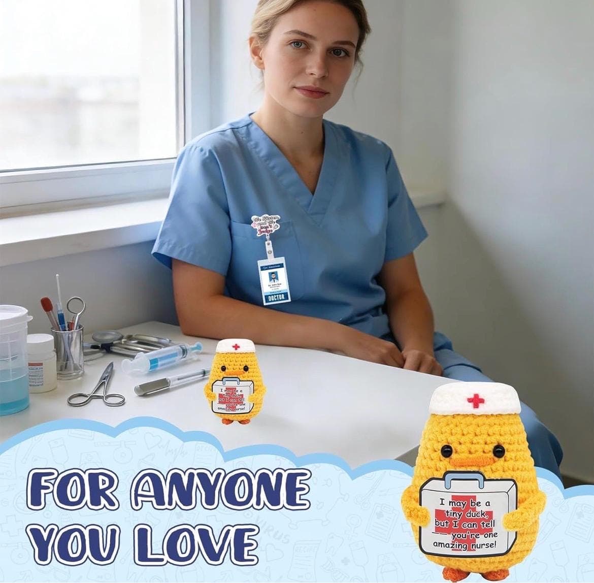 Nurse Gift Set Crochet Duck & Badge Reel, Funny Nurse Week Gift, RN LPN Graduation Gift, Nurse Appreciation Gift, Cute Desk Decor - Thumbnail 6