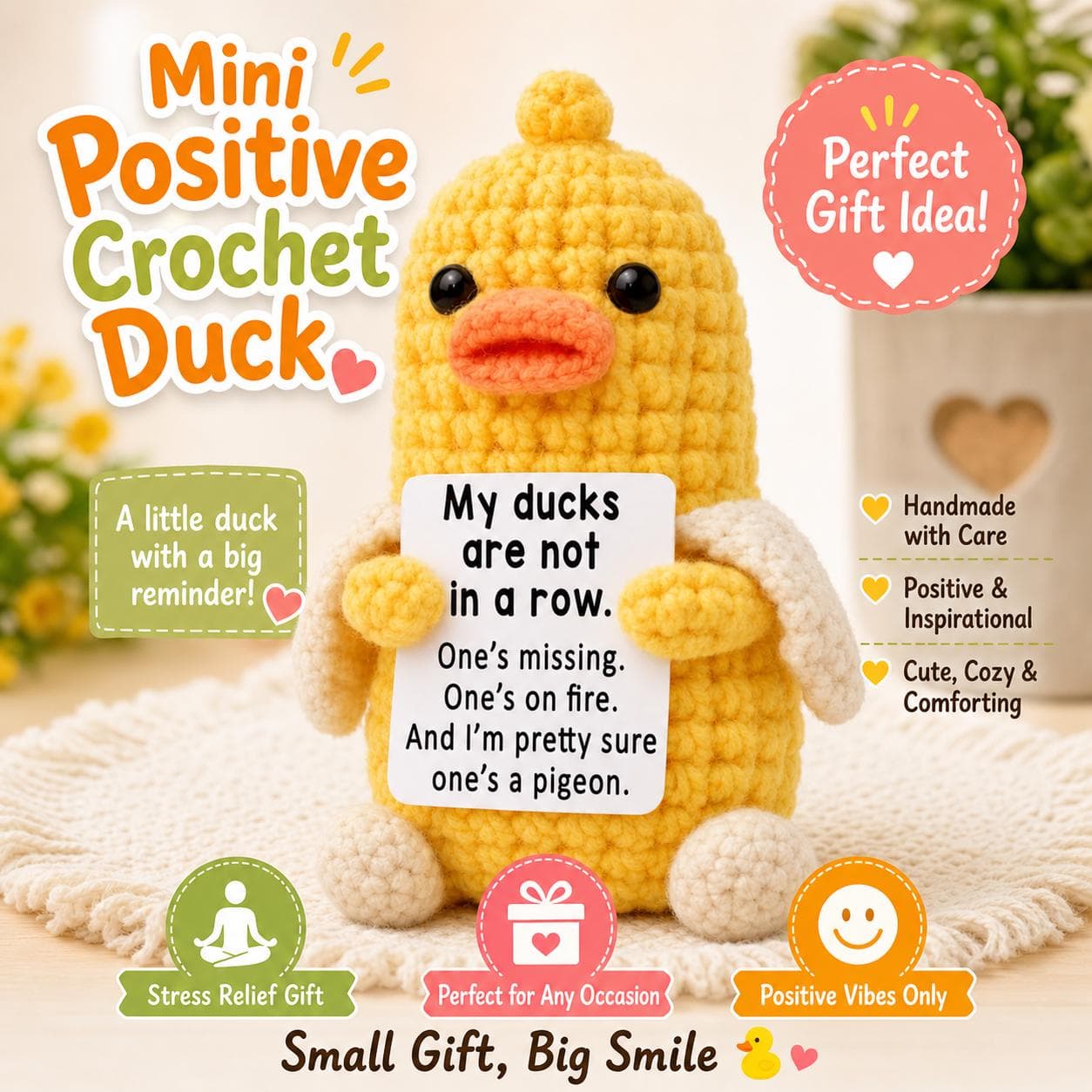 Mini Positive Crochet Duck Gift, Funny Inspirational Duck Plush, Stress Relief Gift, Cute Desk Decor, Unique Gift for Women Men - Image 1
