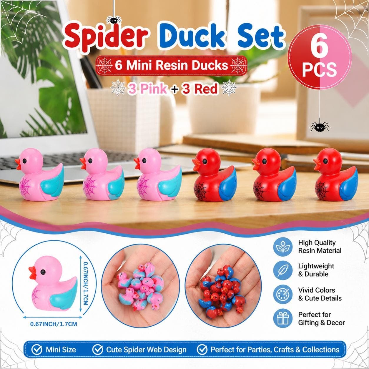 Spider Hero Duck Set – 6pcs Mini Resin Ducks (3 Pink + 3 Red), Jeep Ducks, Cruise Ducks, Fairy Garden Ducks, Cute Collectible Ducks
