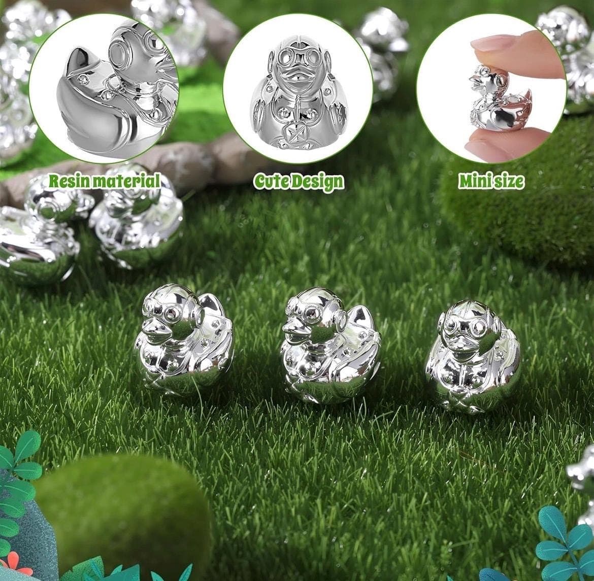Mini Resin Robot Ducks Set of 5, Silver Tech Duck Figurines, Cruise Ducks Jeep Ducks, Tiny Garden Decor, Cake Topper, Desk Decor - Thumbnail 3