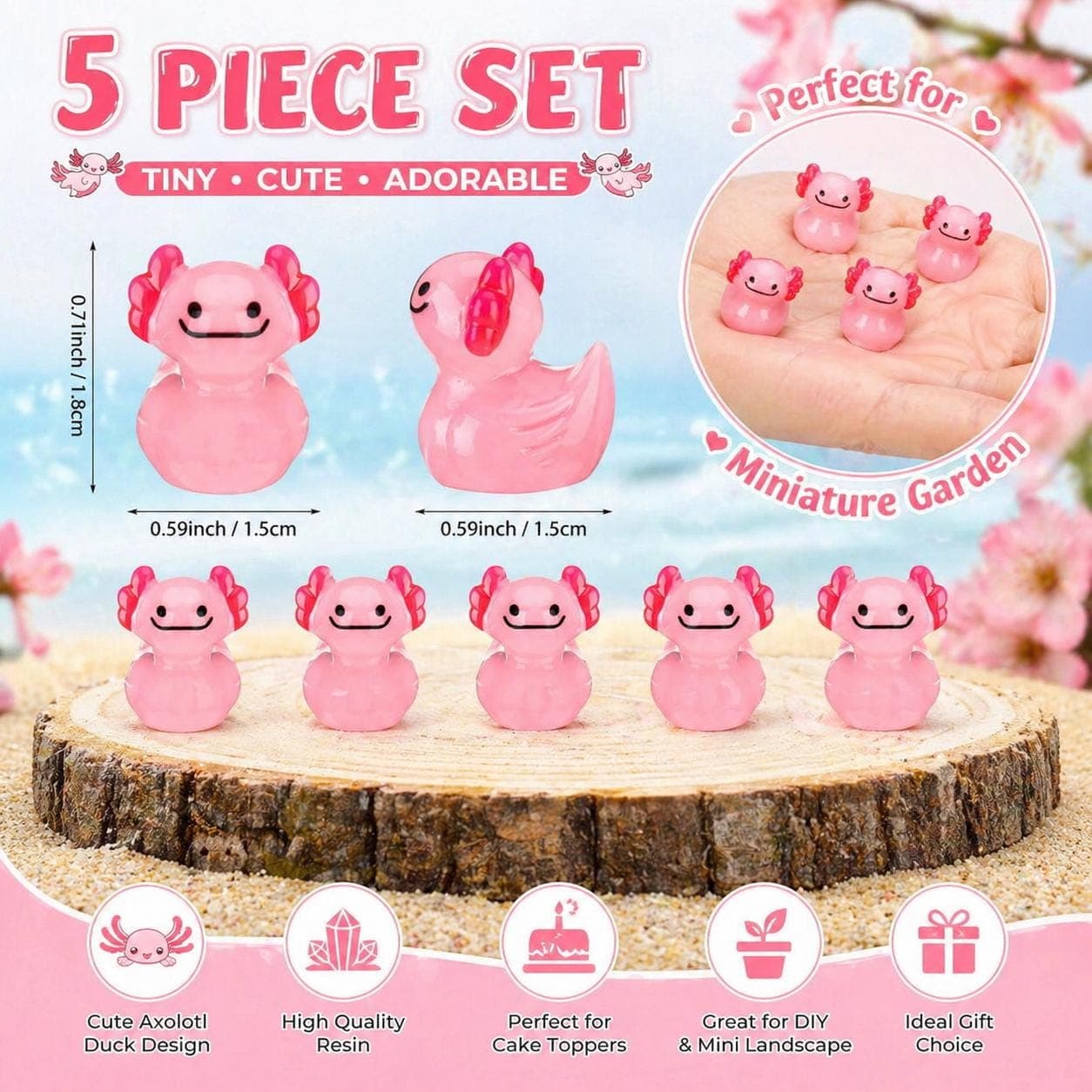 Mini Axolotl Duck Set 5pc Cute Resin Ducks Cake & Garden Decor - Thumbnail 4