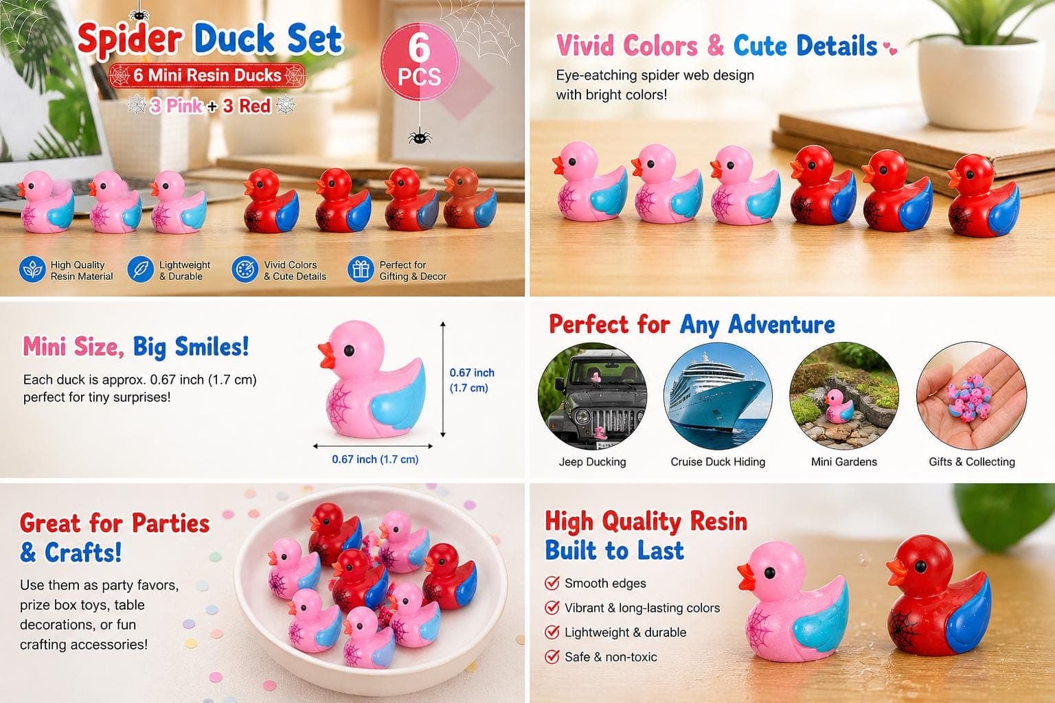 Spider Hero Duck Set – 6pcs Mini Resin Ducks (3 Pink + 3 Red), Jeep Ducks, Cruise Ducks, Fairy Garden Ducks, Cute Collectible Ducks - Thumbnail 4