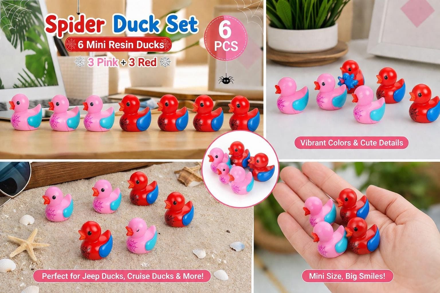 Spider Hero Duck Set – 6pcs Mini Resin Ducks (3 Pink + 3 Red), Jeep Ducks, Cruise Ducks, Fairy Garden Ducks, Cute Collectible Ducks - Thumbnail 5