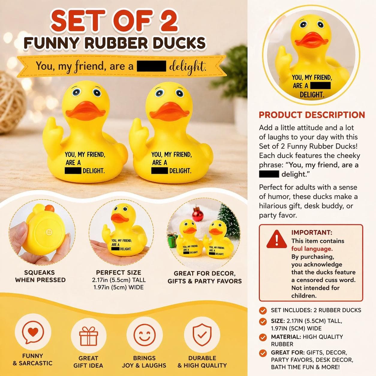 Set of 2 Middle Finger Rubber Ducks | Funny Cuss Word Gag Gift (2.17in) - Image 1