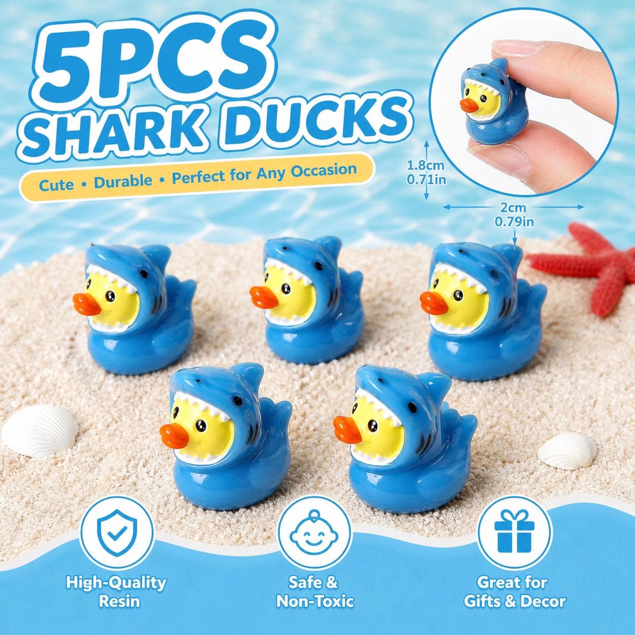 5pc Mini Shark Ducks Set, Small Resin Shark Duck Figurines, Cruise Ducks, Jeep Ducks, Tiny Ocean Ducks for Crafts Gifts Party Favors - Image 1