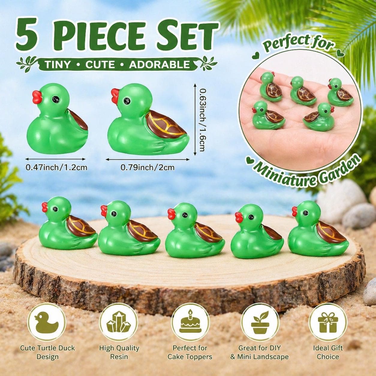 Mini Turtle Duck Figurines 5 Piece Set, Tiny Resin Ducks, Fairy Garden Decor, Cake Toppers, Micro Landscape, Jeep Ducks Cruise Ducks - Image 1