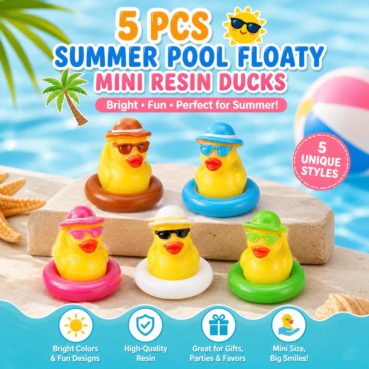 5 Pc Summer Pool Floaty Duck Set Mini Resin Figurines Gift Jeep & Cruise Ducks - Image 1