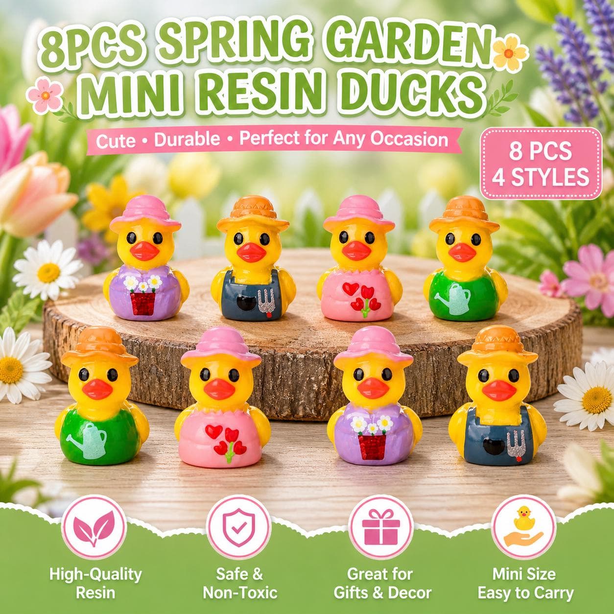 8pc Spring Garden Mini Ducks Set, Resin Duck Figurines, Floral Ducks, Cruise Ducks, Jeep Ducks, Easter Decor, Party Favor Ducks - Image 1