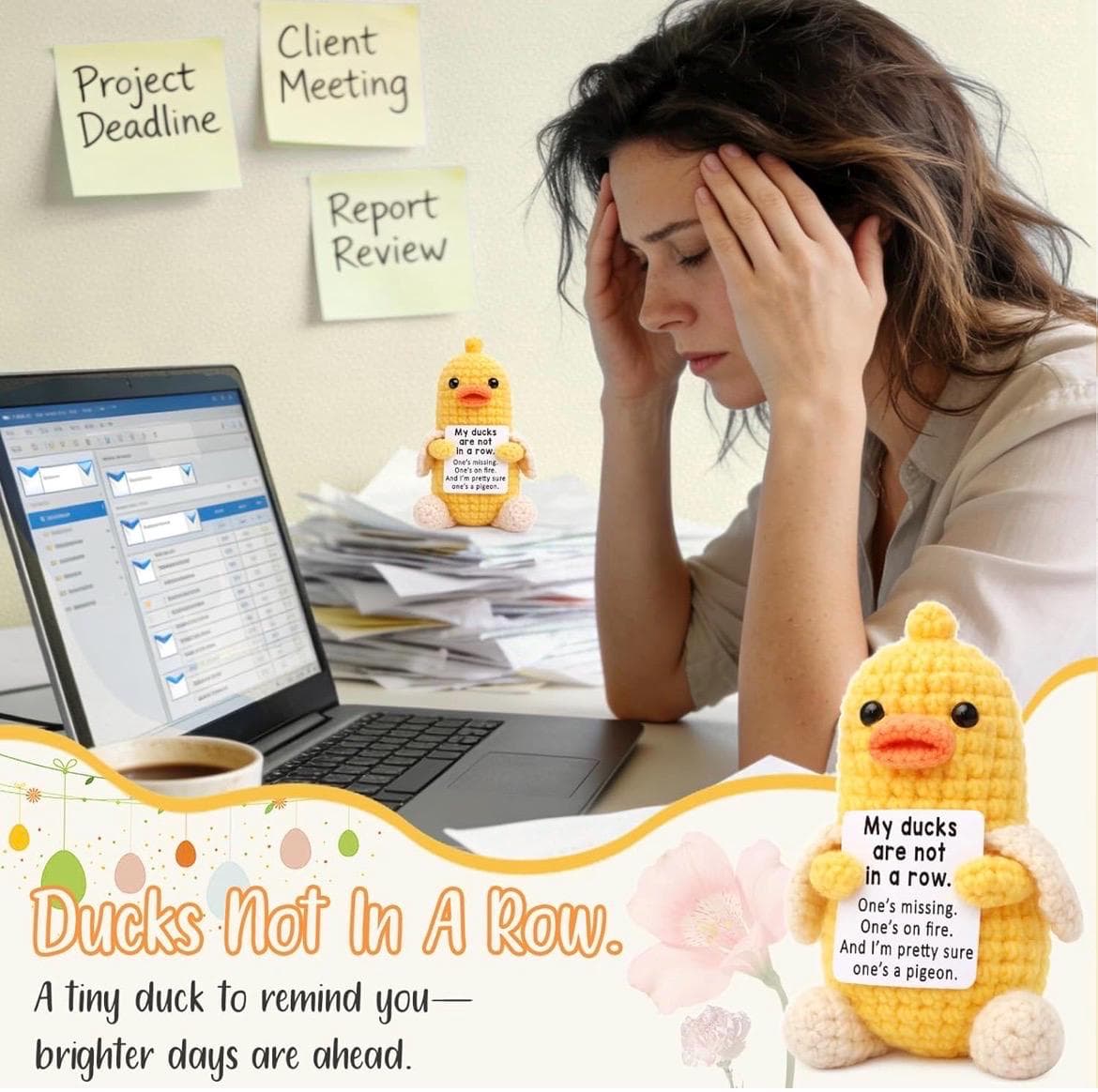 Mini Positive Crochet Duck Gift, Funny Inspirational Duck Plush, Stress Relief Gift, Cute Desk Decor, Unique Gift for Women Men - Thumbnail 3