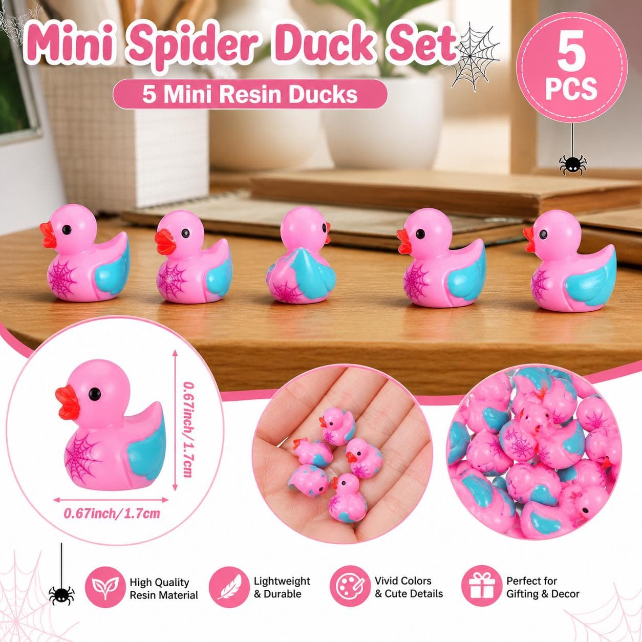 Mini Spider Woman Duck Set – 5pcs Pink Resin Ducks, Jeep Ducks, Cruise Ducks, Cute Hero Inspired Ducks, DIY Crafts, Collectible Ducks