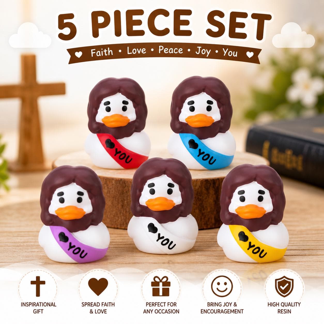 5 Pc Jesus Religious Themed Duck Set Mini Resin Figurines Gift Jeep & Cruise Ducks - Image 1
