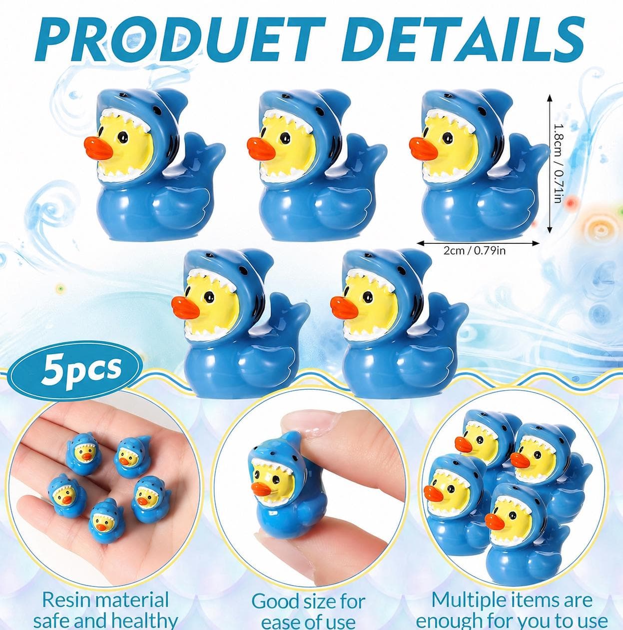 5pc Mini Shark Ducks Set, Small Resin Shark Duck Figurines, Cruise Ducks, Jeep Ducks, Tiny Ocean Ducks for Crafts Gifts Party Favors - Thumbnail 2