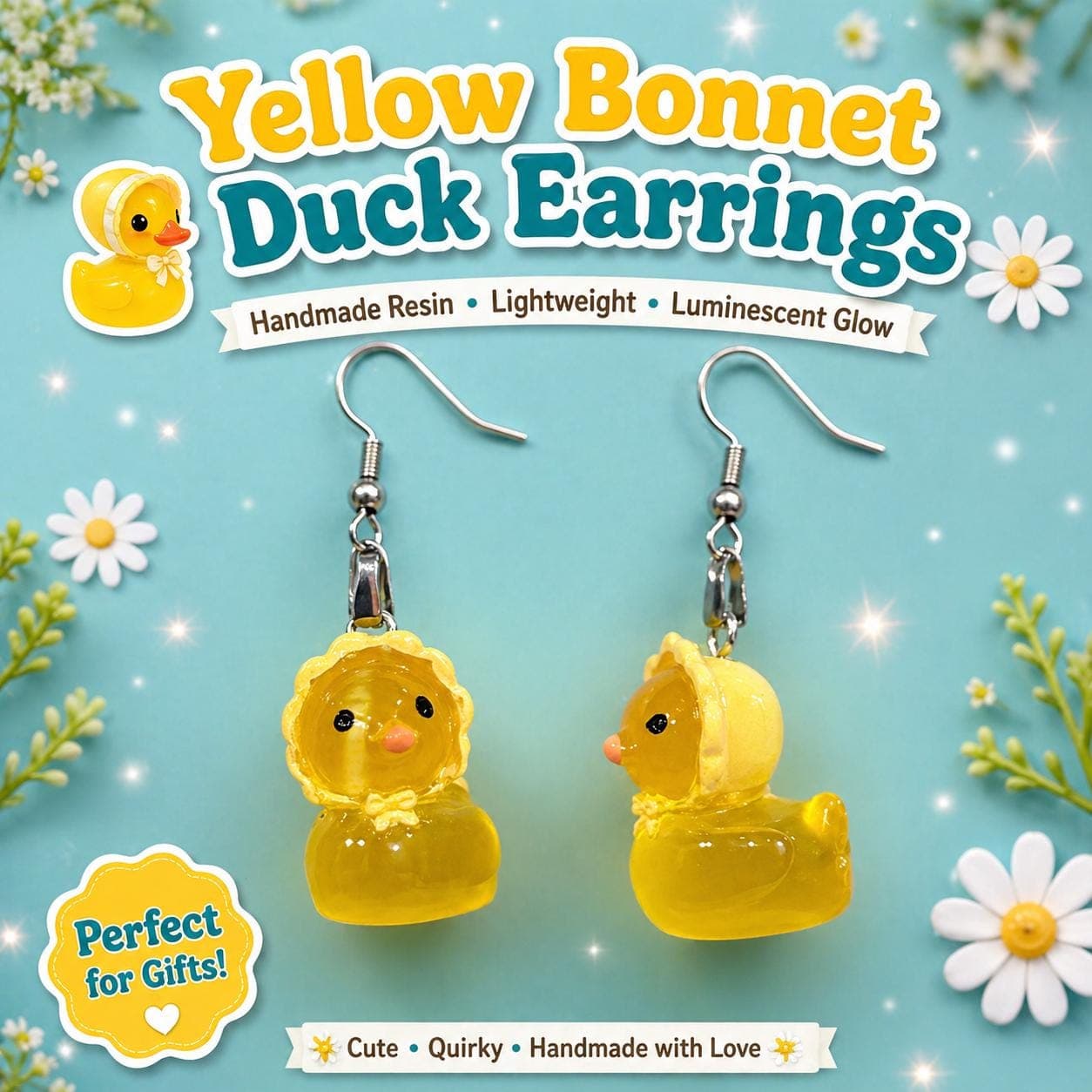 Yellow Bonnet Duck Earrings, Luminescent Resin Dangle Jewelry, Spring Easter Gift