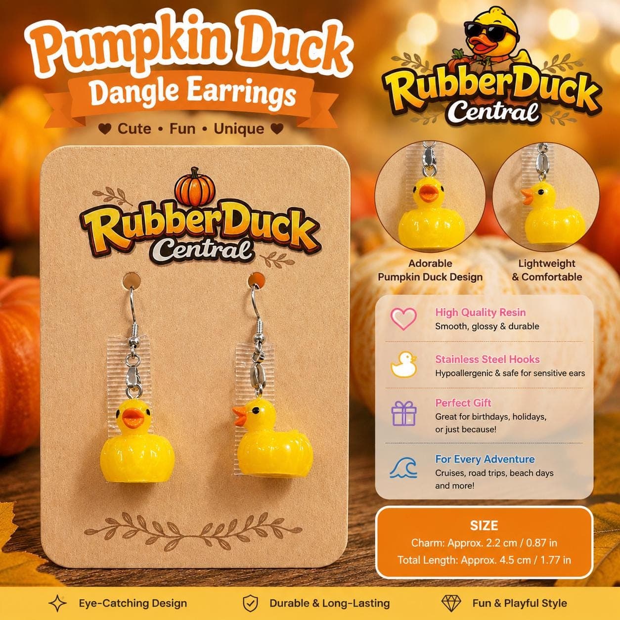 Mini Pumpkin Resin Duck Earrings, Yellow Autumn Halloween Jewelry, Jeep Cruise Gift