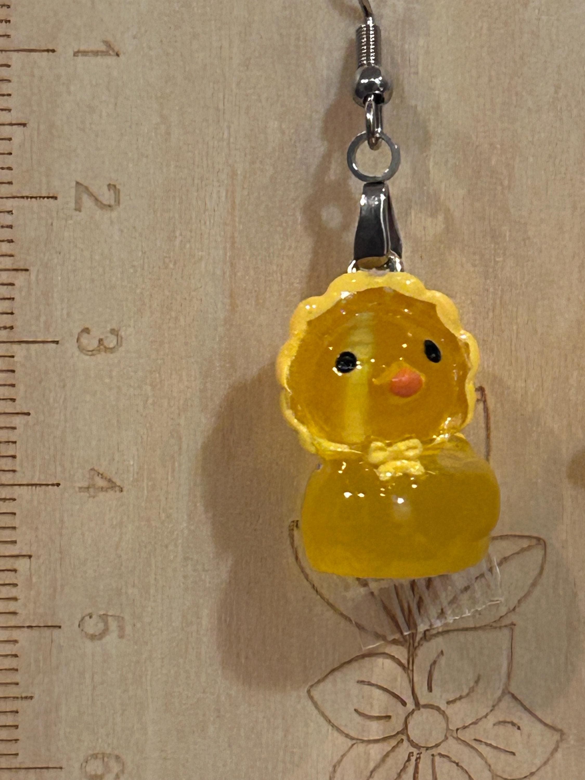 Yellow Bonnet Duck Earrings, Luminescent Resin Dangle Jewelry, Spring Easter Gift - Thumbnail 3