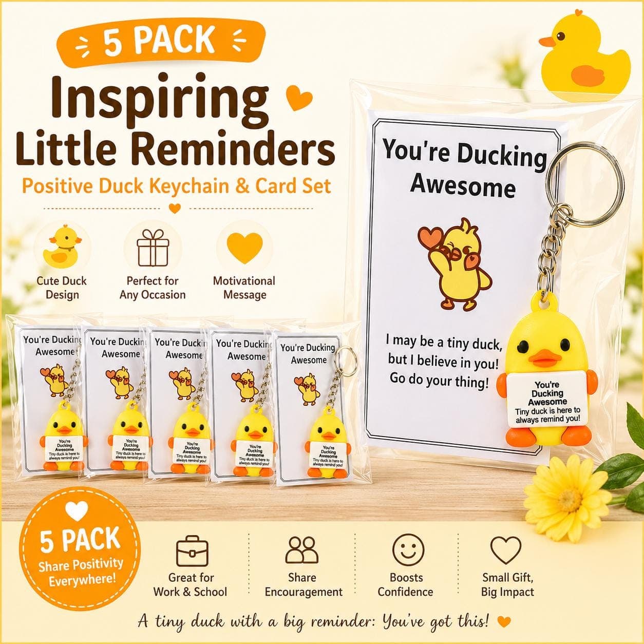 5 Pack Inspirational Duck Keychain Gift Set with Cards – Positive Encouragement Ducks, Cruise Jeep Gifts - Image 1