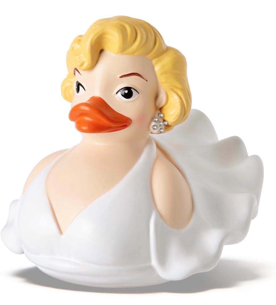Marilyn Monroe Duck Figurine, White Dress, Blonde Hair, Pearl Earrings, Collectible Resin Toy