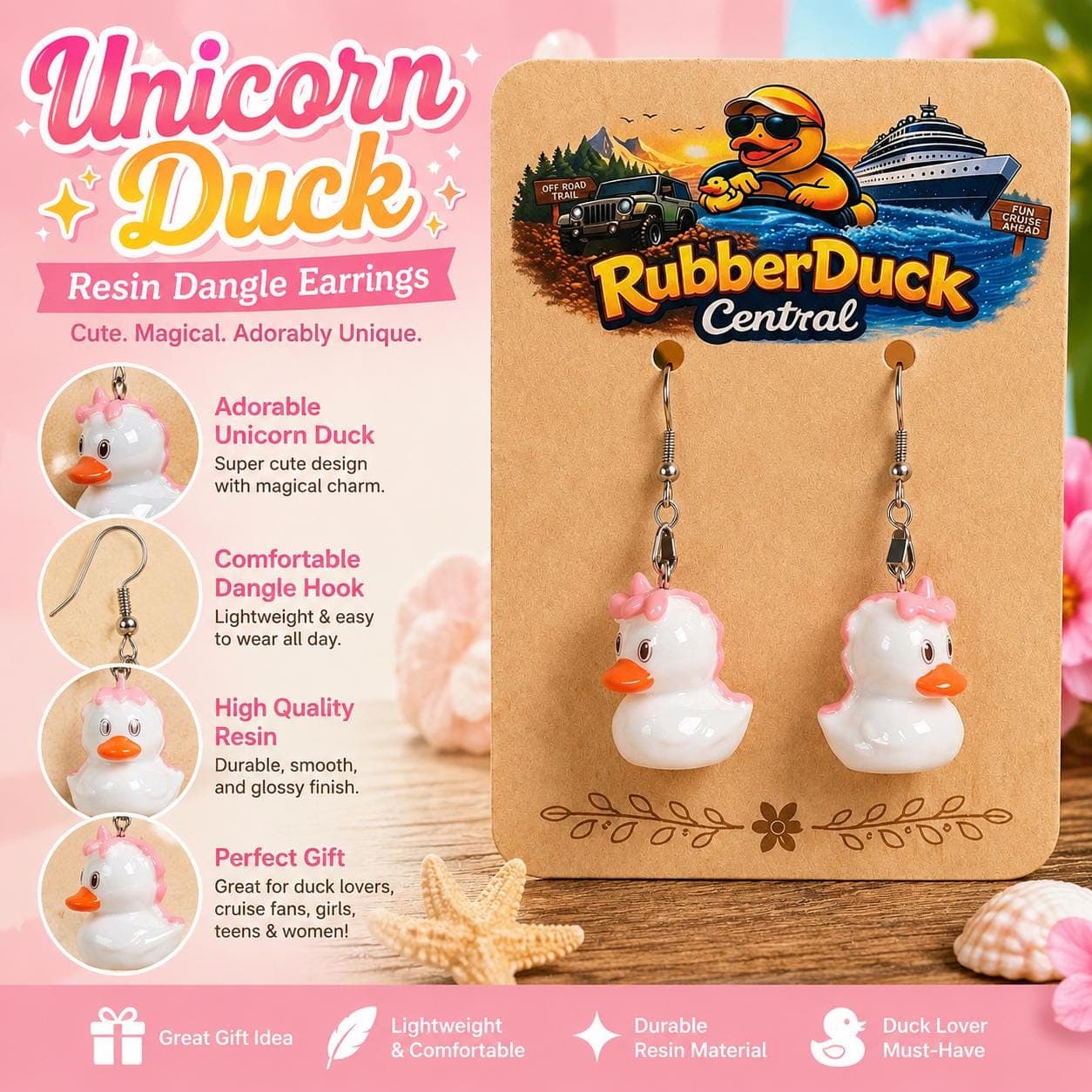 Unicorn Duck Resin Earrings – Pink Fantasy Kawaii Dangle Jewelry