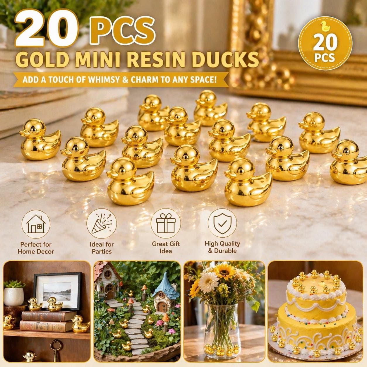 20 Gold Mini Resin Ducks – Tiny Cake Decor, Fairy Garden, Party Favors