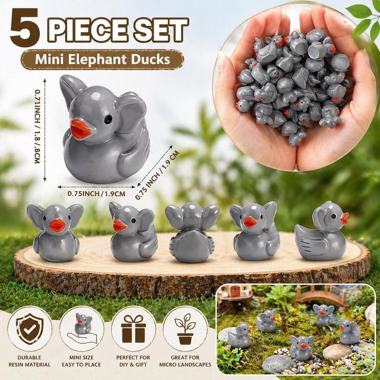 Mini Elephant Duck Set 5pc Tiny Resin Ducks Garden & Cake Decor