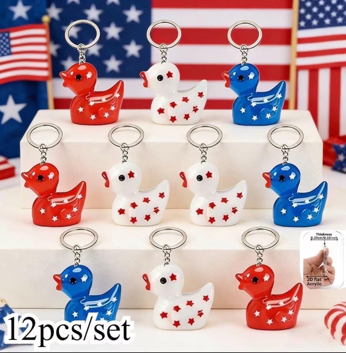 12pc Patriotic Duck Keychains | 2D Flat Acrylic Rubber Ducks (Ducking Set)