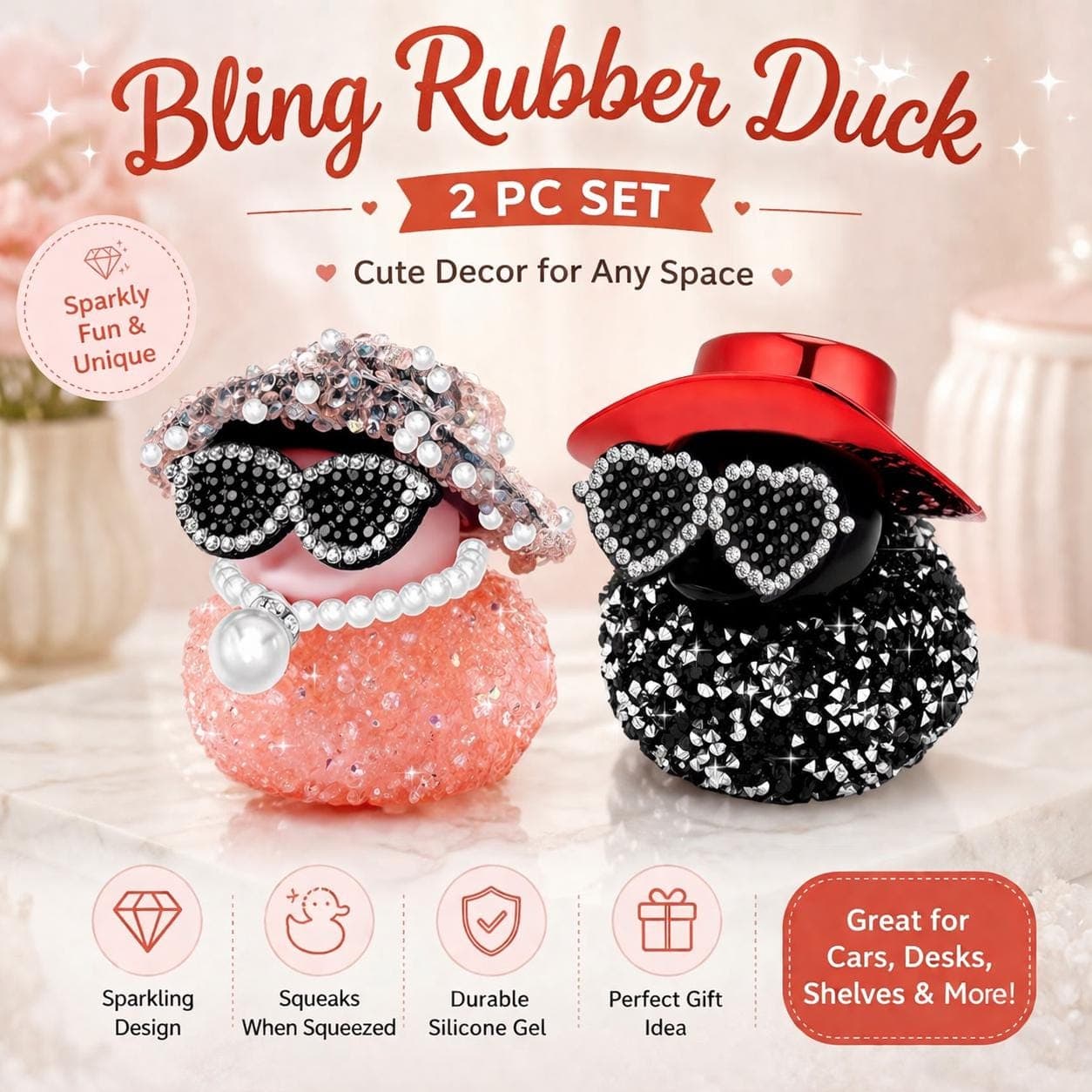 Bling Rubber Duck Set, Rhinestone Car Dashboard Decor, Jeep Cruise Ducks