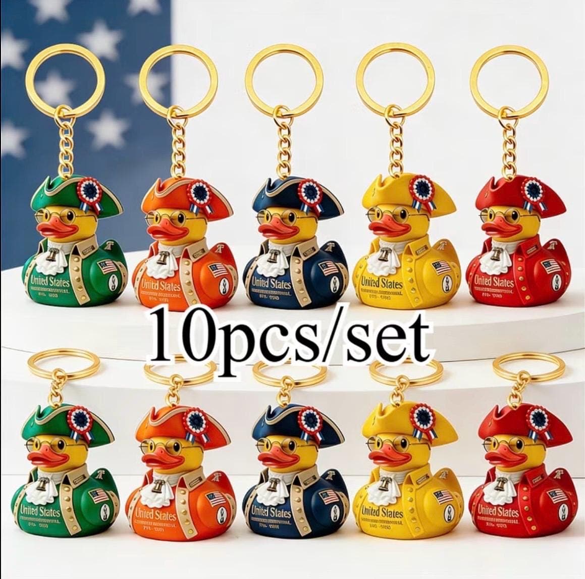 10pc Patriotic Duck Keychains | American Revolution Colonial Theme Bulk Set