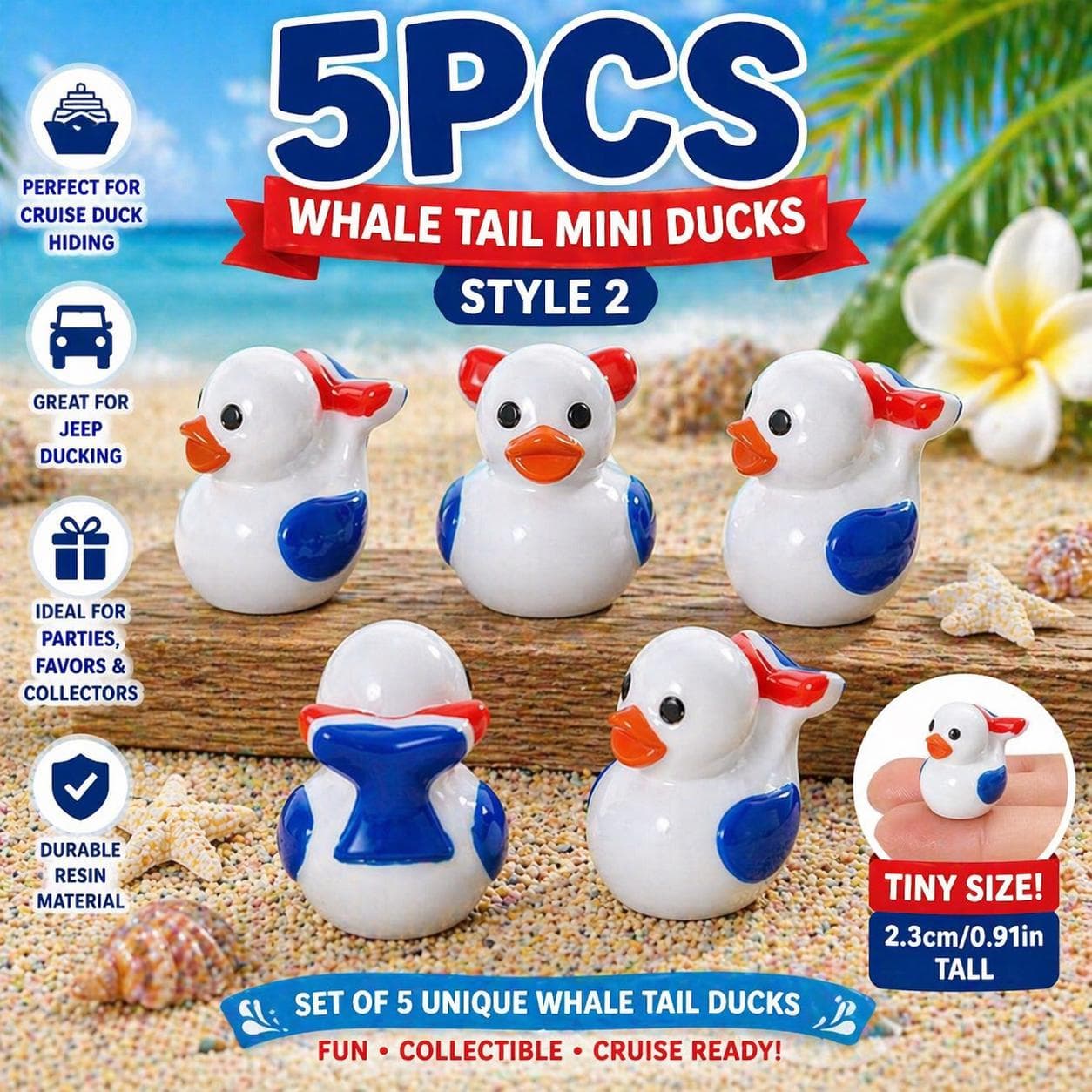 5pcs Whale Tail Mini Ducks – Style 2 Resin Collectibles for Cruise, Jeep Ducking