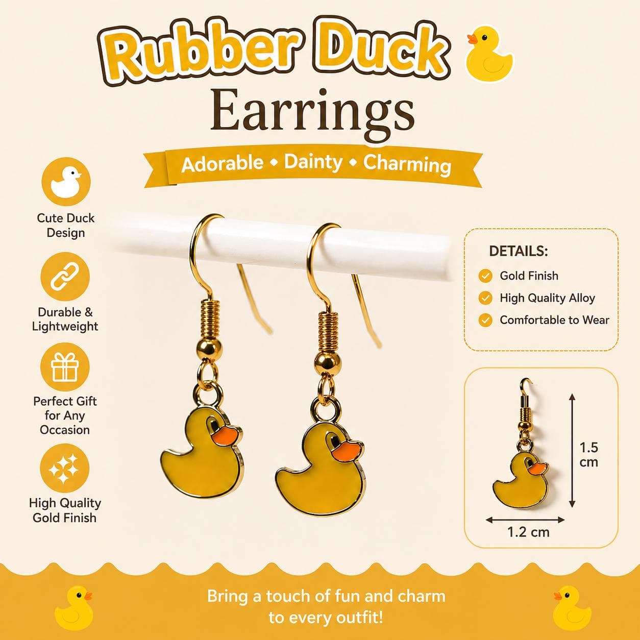 Gold Tone Rubber Duck Necklace and Earrings Set – Enamel Charm Jewelry (3 Piece) - Thumbnail 3