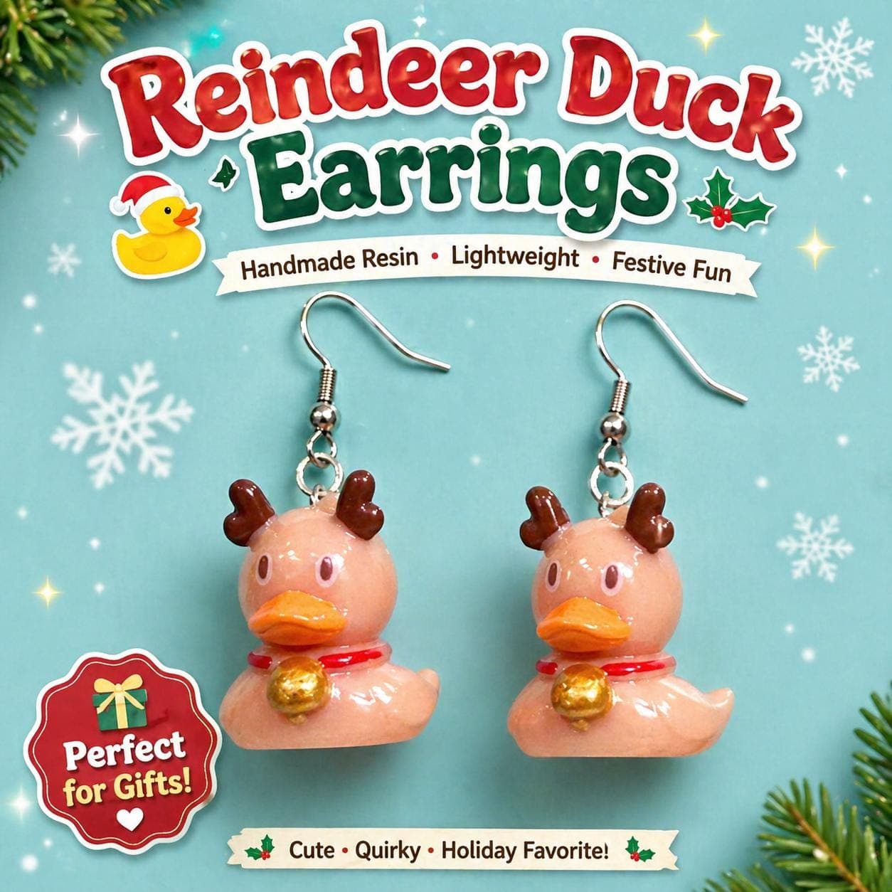 Handmade Reindeer Duck Earrings, Festive Resin Christmas Jewelry, Lightweight Dangle Gift