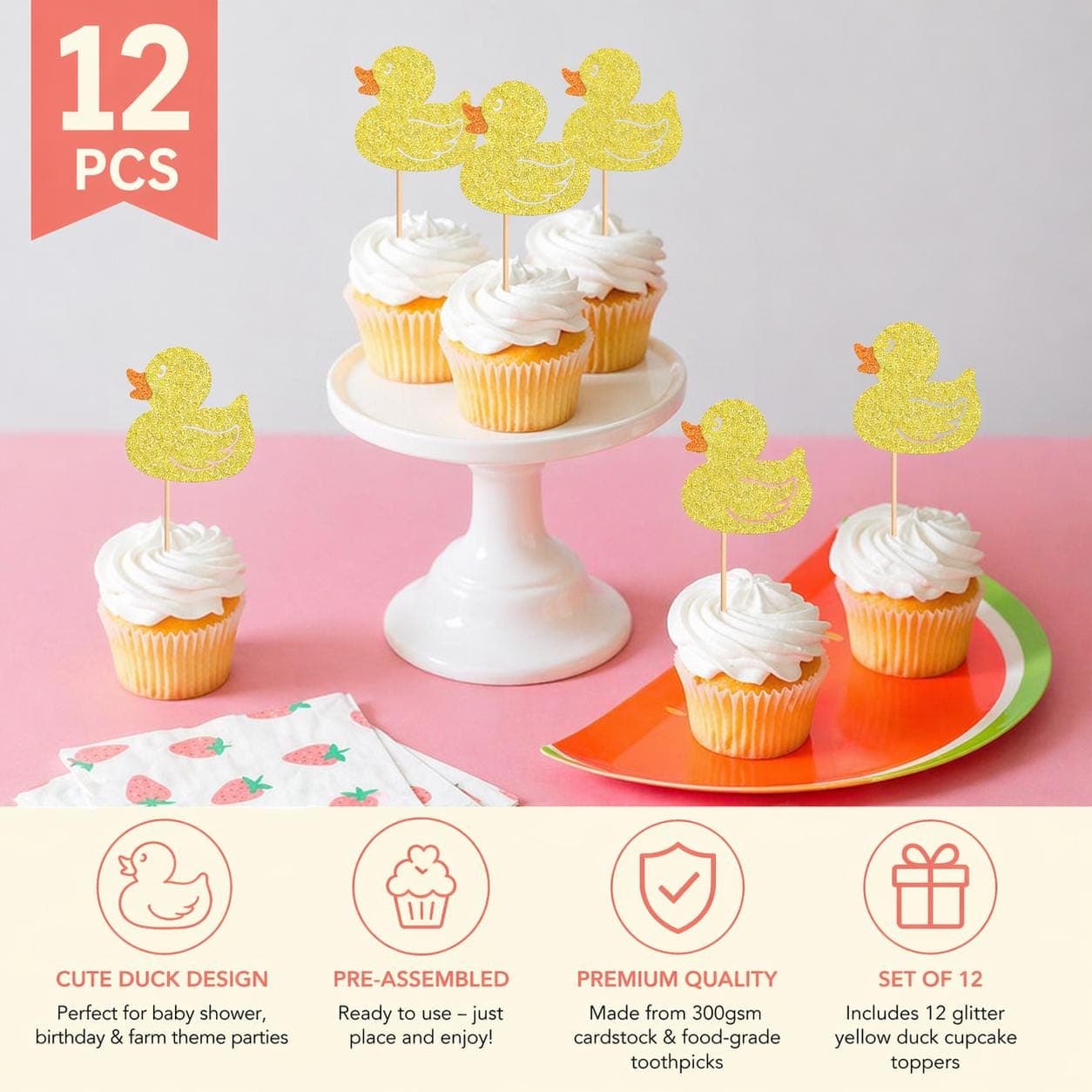 12PCS Glitter Yellow Duck Cupcake Toppers for Baby Shower Birthday Decorations