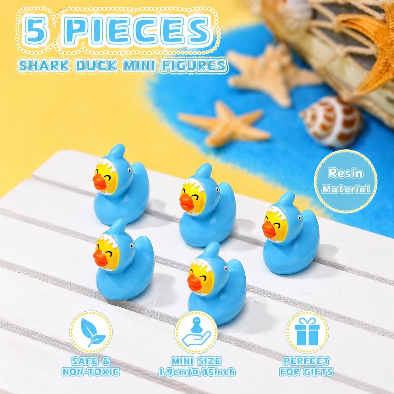 5pc Resin Shark Duck Mini Figures, Beach Theme Party Favors, Cruise Ducks
