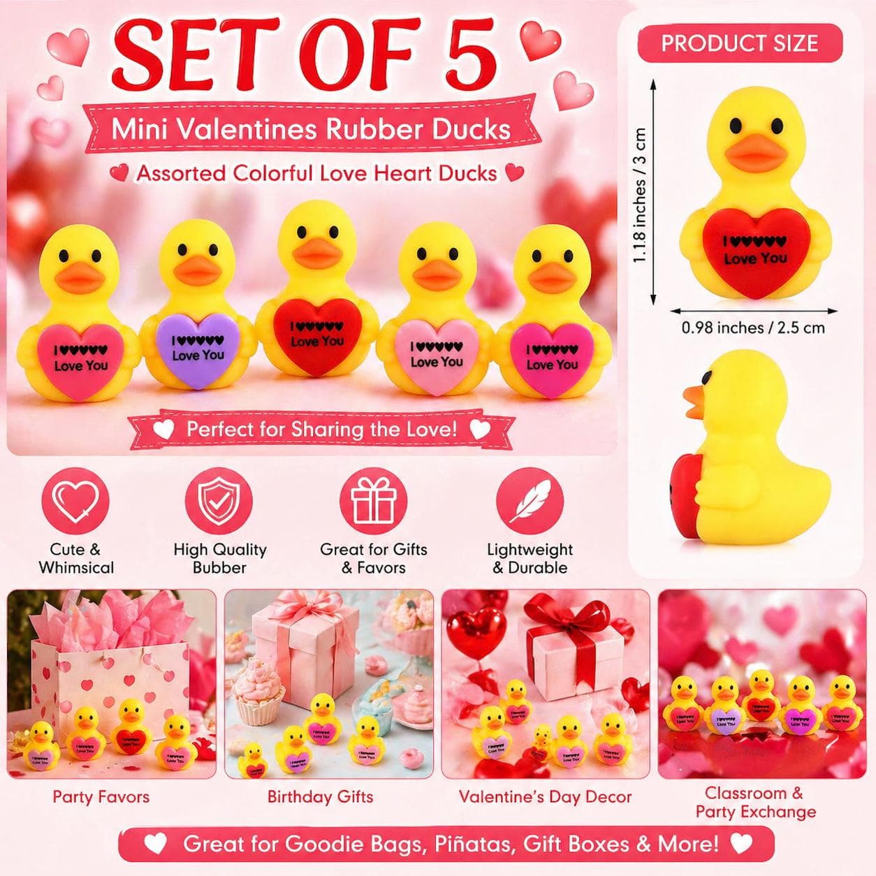 Set of 5 Mini Valentines Rubber Ducks with Love Hearts – Party Favors, Gifts