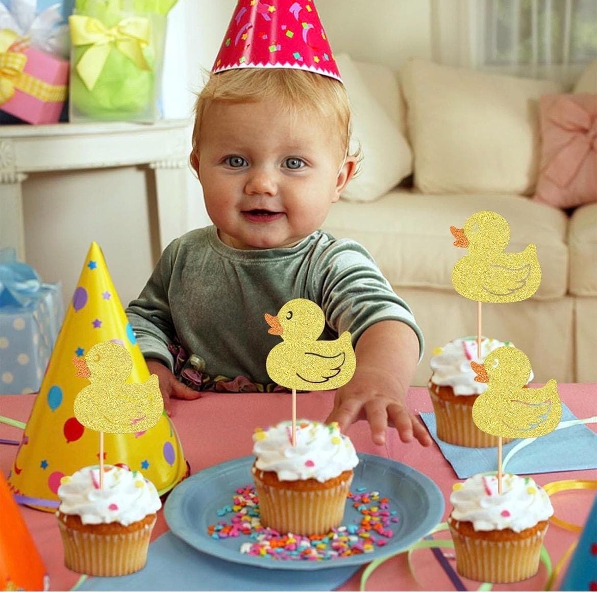 12PCS Glitter Yellow Duck Cupcake Toppers for Baby Shower Birthday Decorations - Thumbnail 7