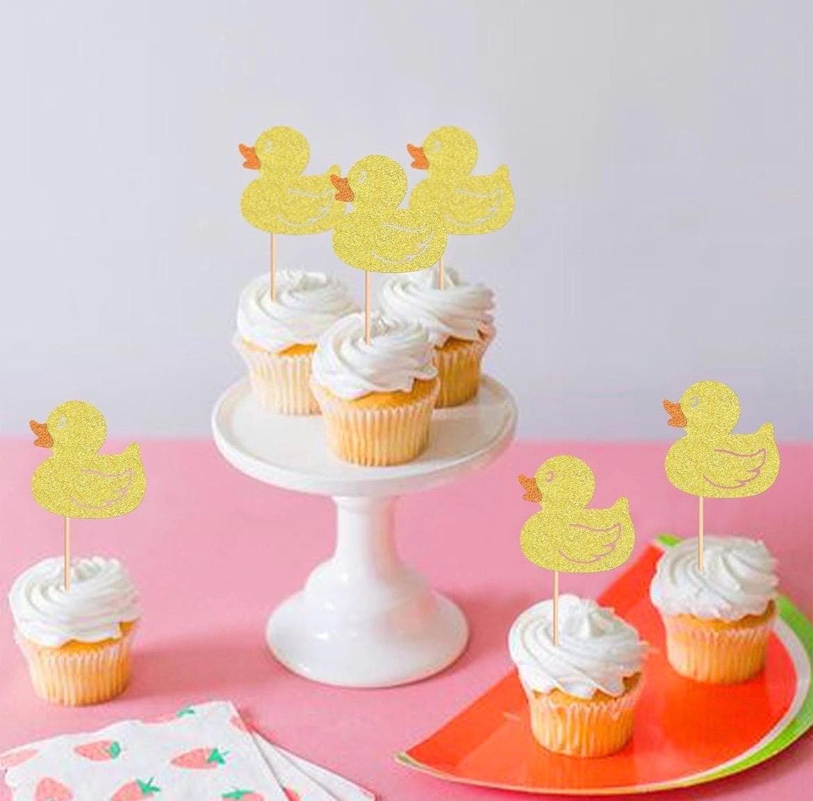 12PCS Glitter Yellow Duck Cupcake Toppers for Baby Shower Birthday Decorations - Thumbnail 3
