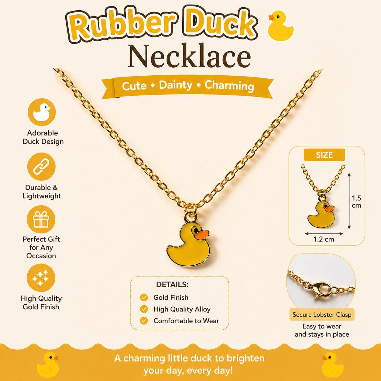 Gold Tone Rubber Duck Necklace and Earrings Set – Enamel Charm Jewelry (3 Piece) - Thumbnail 2