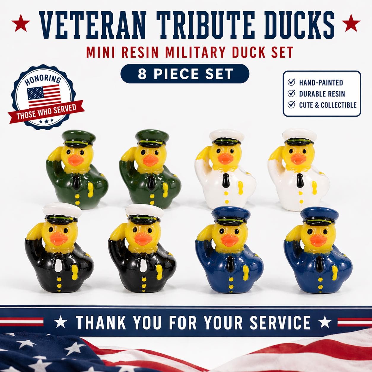 Veteran Tribute Mini Duck Set – 8 Piece Hand-Painted Resin Military Ducks