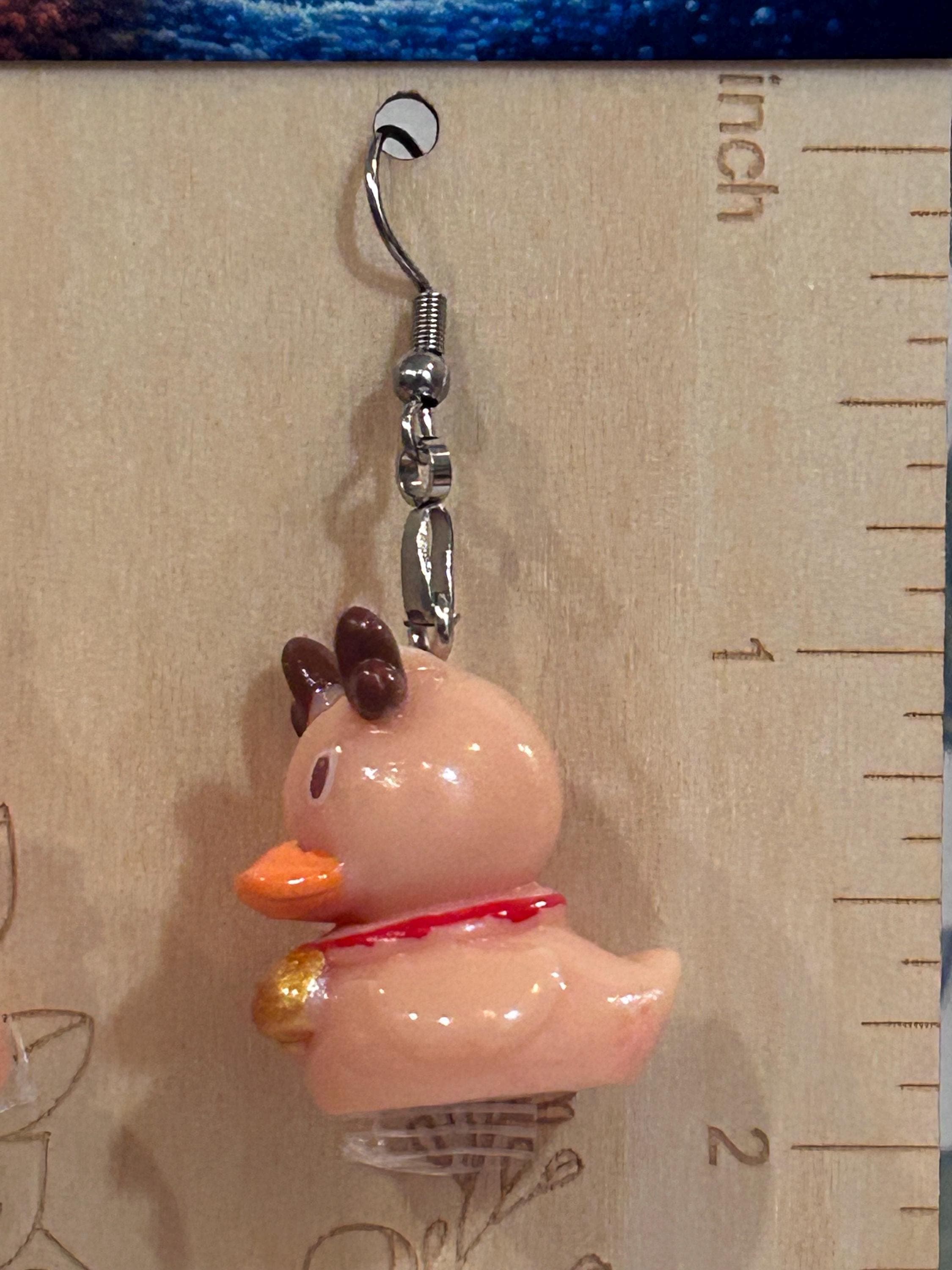 Handmade Reindeer Duck Earrings, Festive Resin Christmas Jewelry, Lightweight Dangle Gift - Thumbnail 3