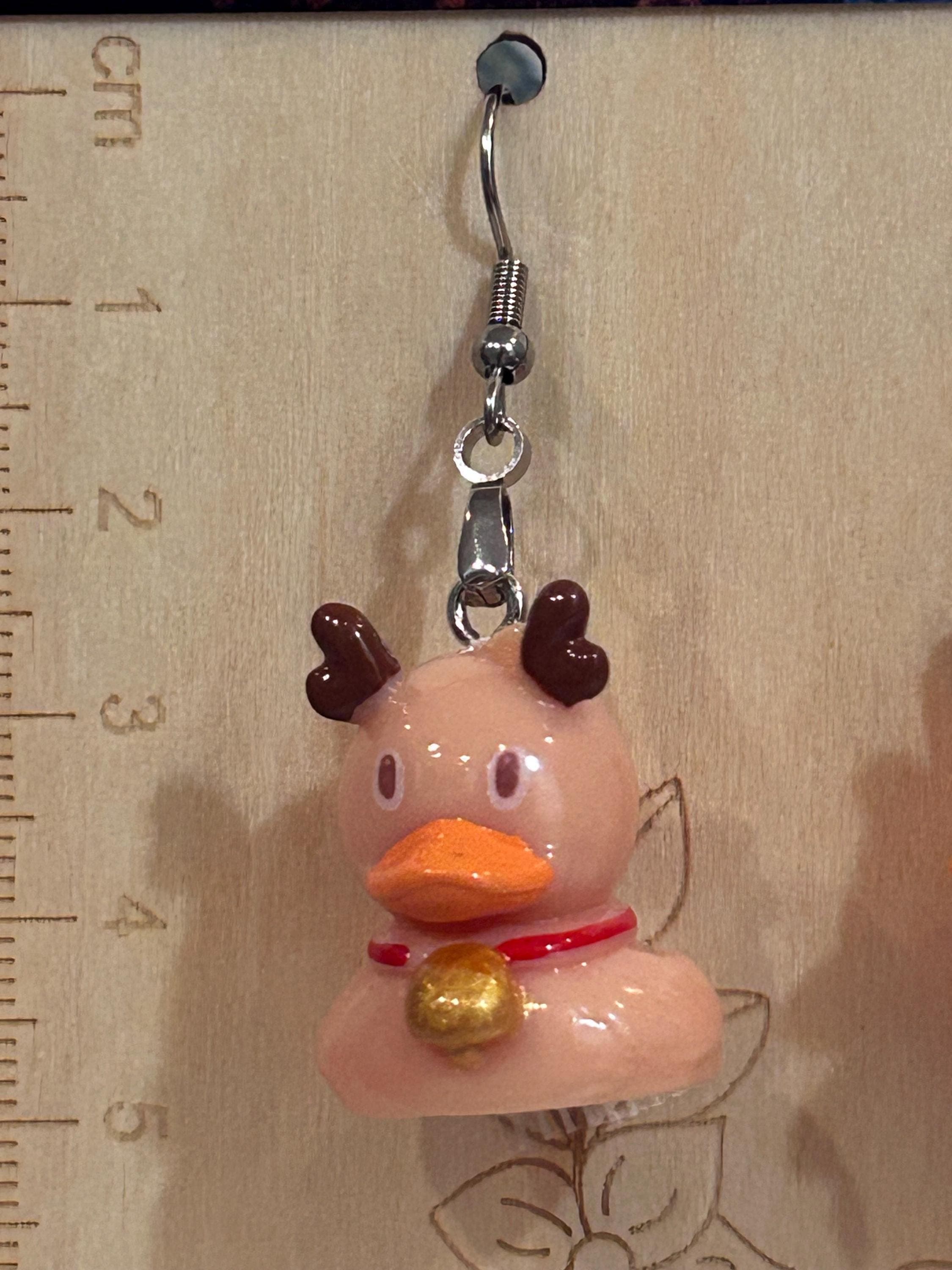 Handmade Reindeer Duck Earrings, Festive Resin Christmas Jewelry, Lightweight Dangle Gift - Thumbnail 2