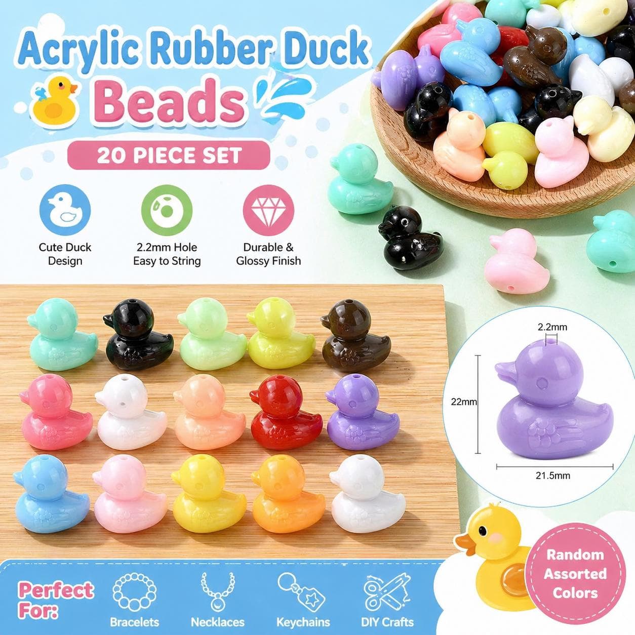 20pc Acrylic Rubber Duck Beads, Mini Duck Charms Jewelry, DIY Crafts, Bracelets, Keychains